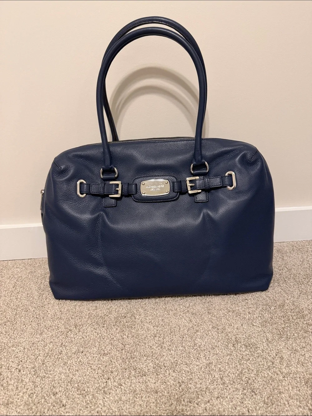 Michael Kors Navy Leather Satchel with Silver Hardware